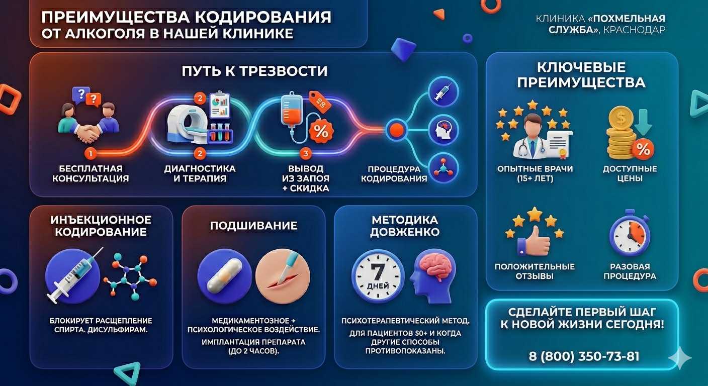 Инфографика о методах кодирования от алкоголя в Норильске: инъекции, подшивание, метод Довженко. Преимущества клиники и этапы лечения.