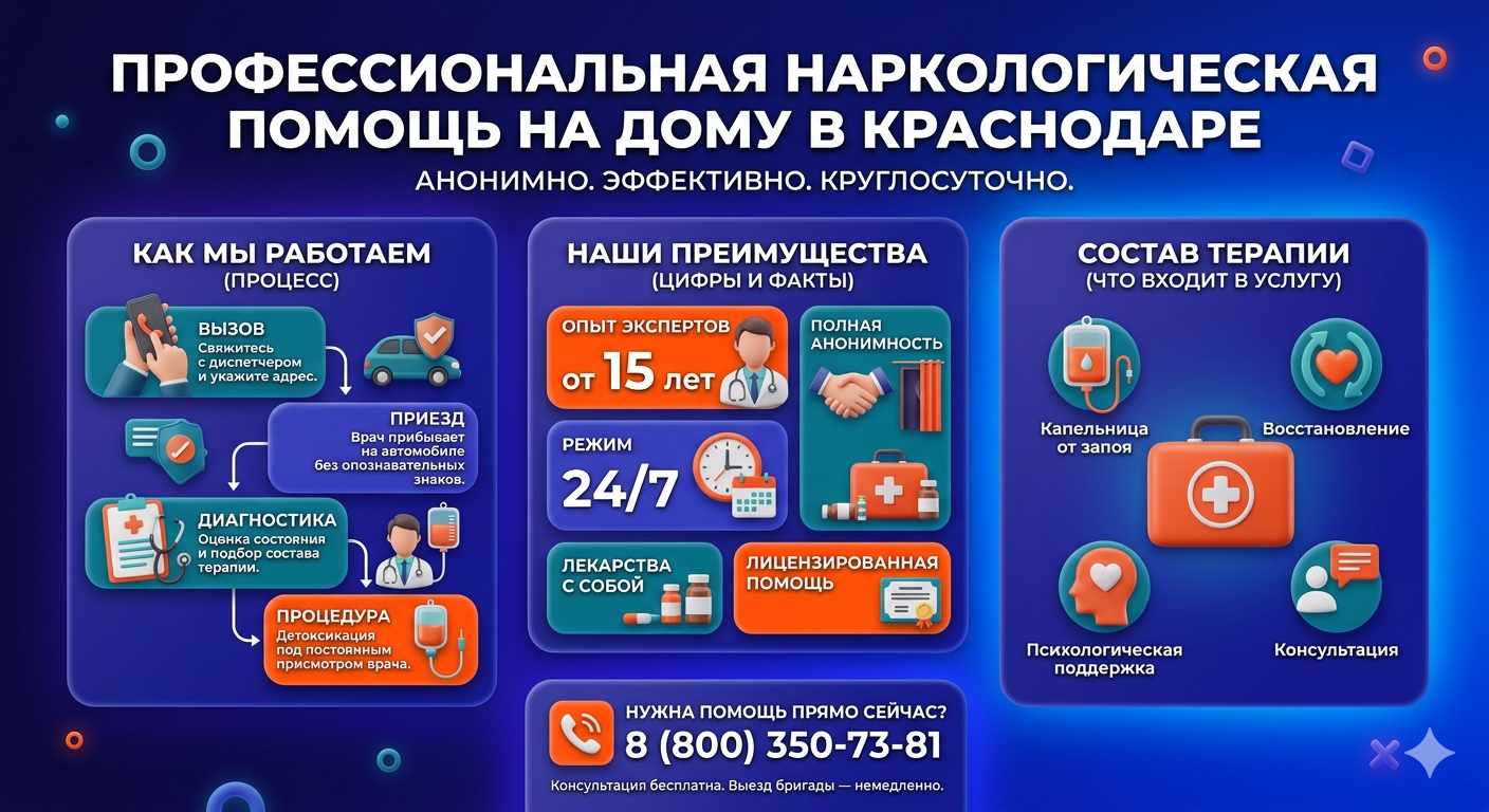 Инфографика о принципах лечения алкоголизма на дому в Норильске: этапы вызова нарколога, преимущества анонимной детоксикации и состав медицинской помощи.